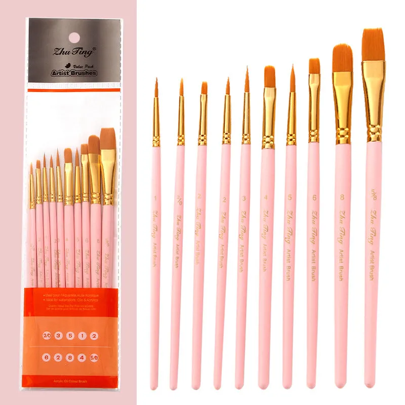 10 Nylon Brushes Pink Rod Nylon Hair  Brush Oil Painting Brush Set