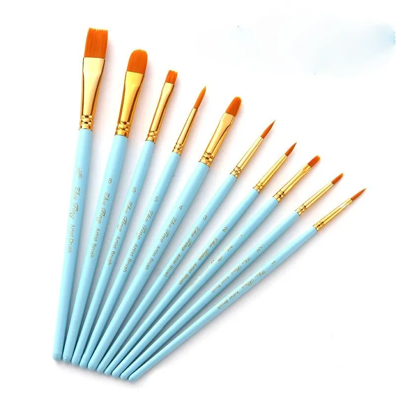 10 Nylon Brushes Pink Rod Nylon Hair  Brush Oil Painting Brush Set