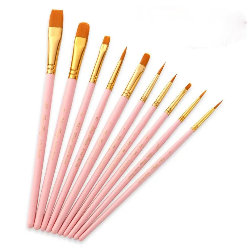 10 Nylon Brushes Pink Rod Nylon Hair  Brush Oil Painting Brush Set