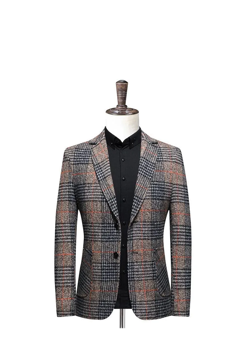 BRADLEY Men's Fashion Premium Quality Gray & Khaki Brown Plaid Style Blazer Suit Jacket