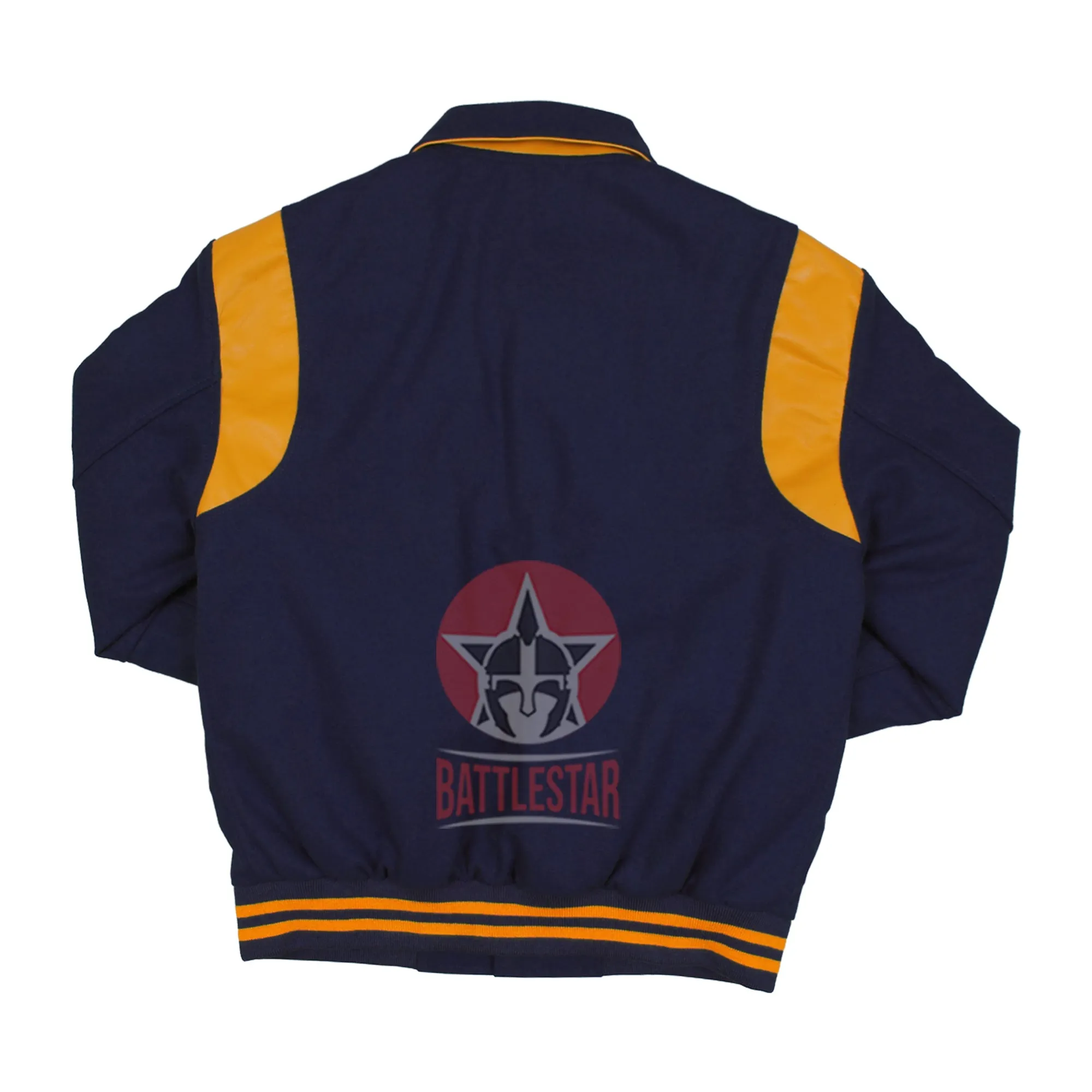 Byron Collar Navy Blue Wool Gold Yellow Leather Stripes Varsity Baseball Jacket