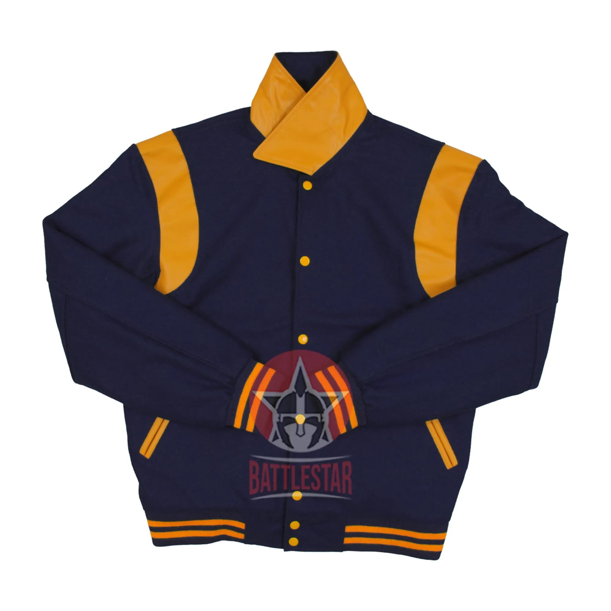 Byron Collar Navy Blue Wool Gold Yellow Leather Stripes Varsity Baseball Jacket