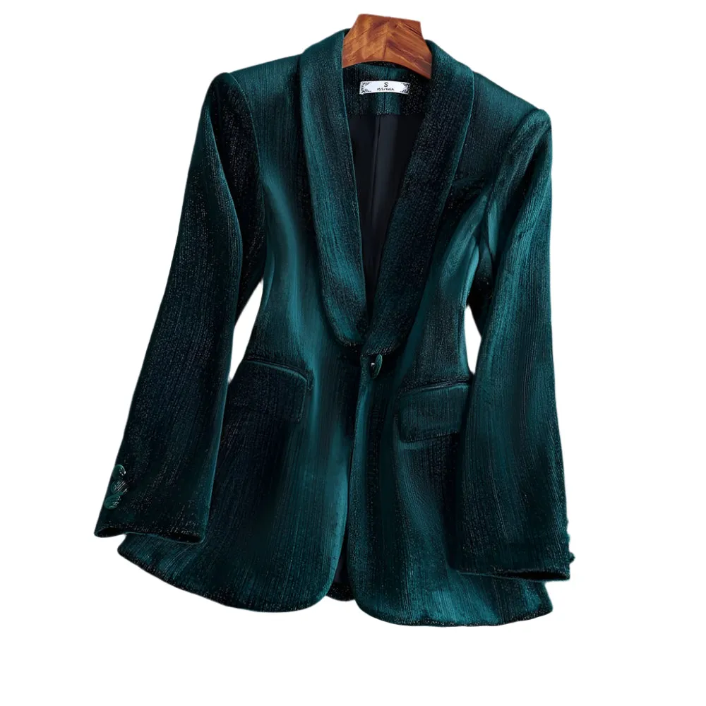 CAROLINE SUITS Women's Elegant Stylish Fashion Office Professional Solid Color Emerald Green Velvet Blazer Jacket