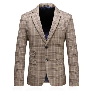 CGSUITS Men's Fashion Luxury Style Plaid Design Jacquard Khaki Brown Blazer Suit Jacket