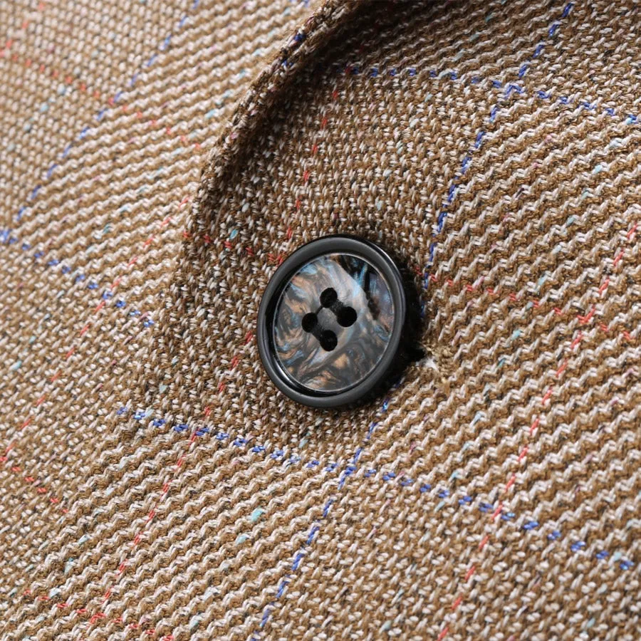 CGSUITS Men's Fashion Luxury Style Plaid Design Jacquard Khaki Brown Blazer Suit Jacket