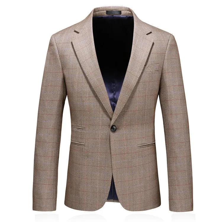 CGSUITS Men's Fashion Luxury Style Plaid Design Jacquard Khaki Brown Blazer Suit Jacket