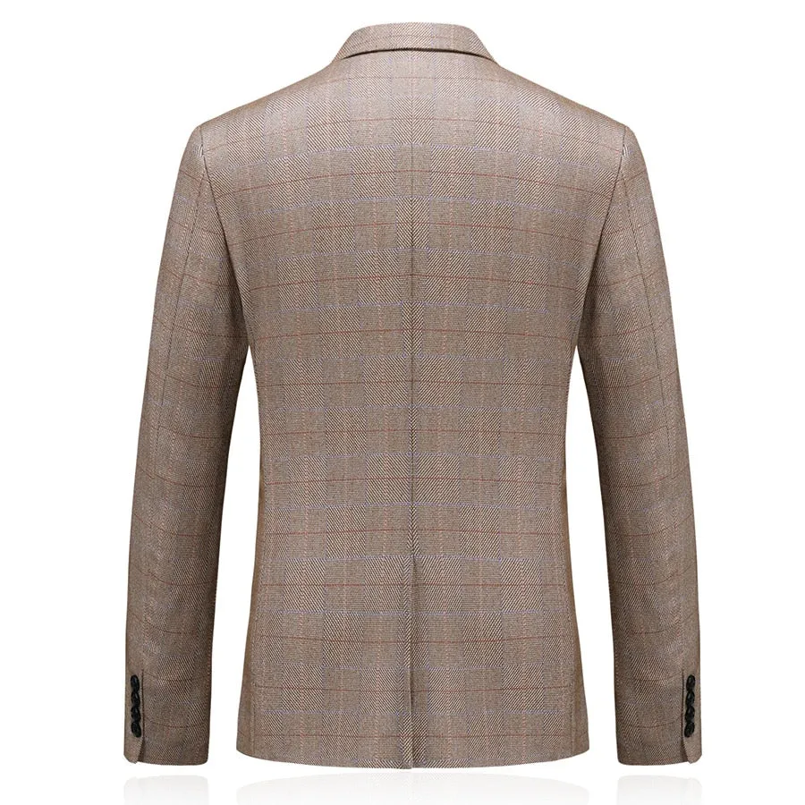 CGSUITS Men's Fashion Luxury Style Plaid Design Jacquard Khaki Brown Blazer Suit Jacket