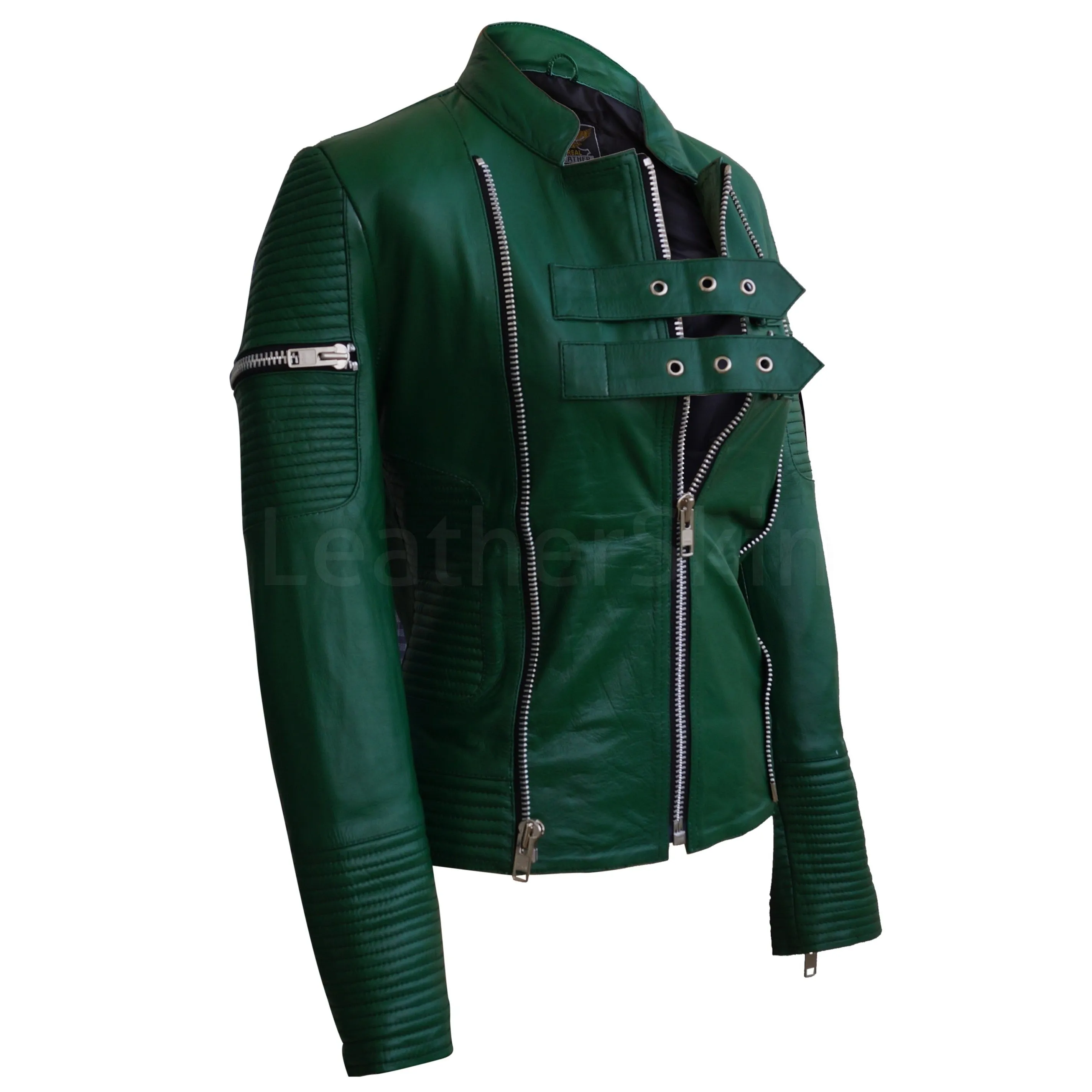 Green Sheep Skin Rib Quilted Genuine Leather Jacket