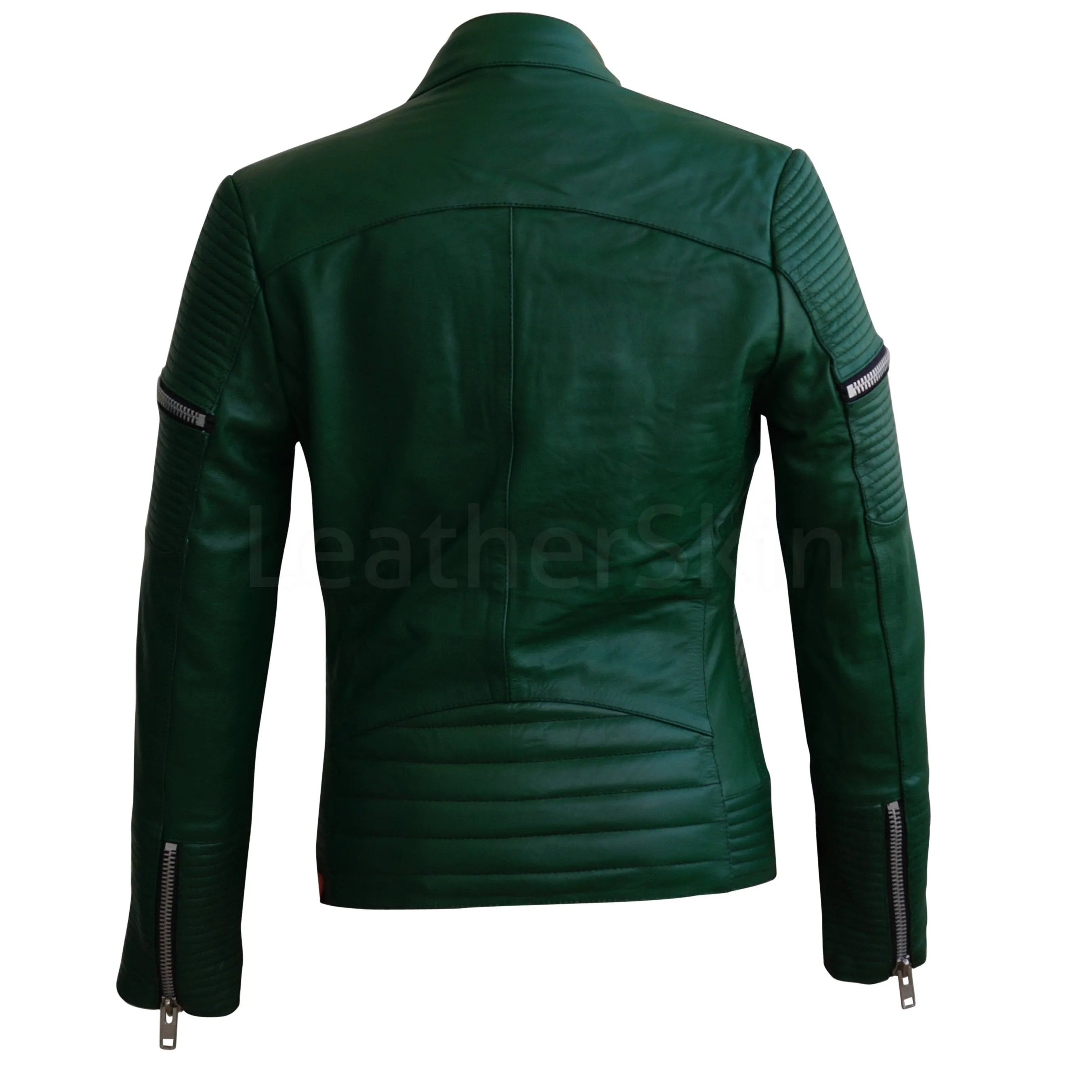 Green Sheep Skin Rib Quilted Genuine Leather Jacket