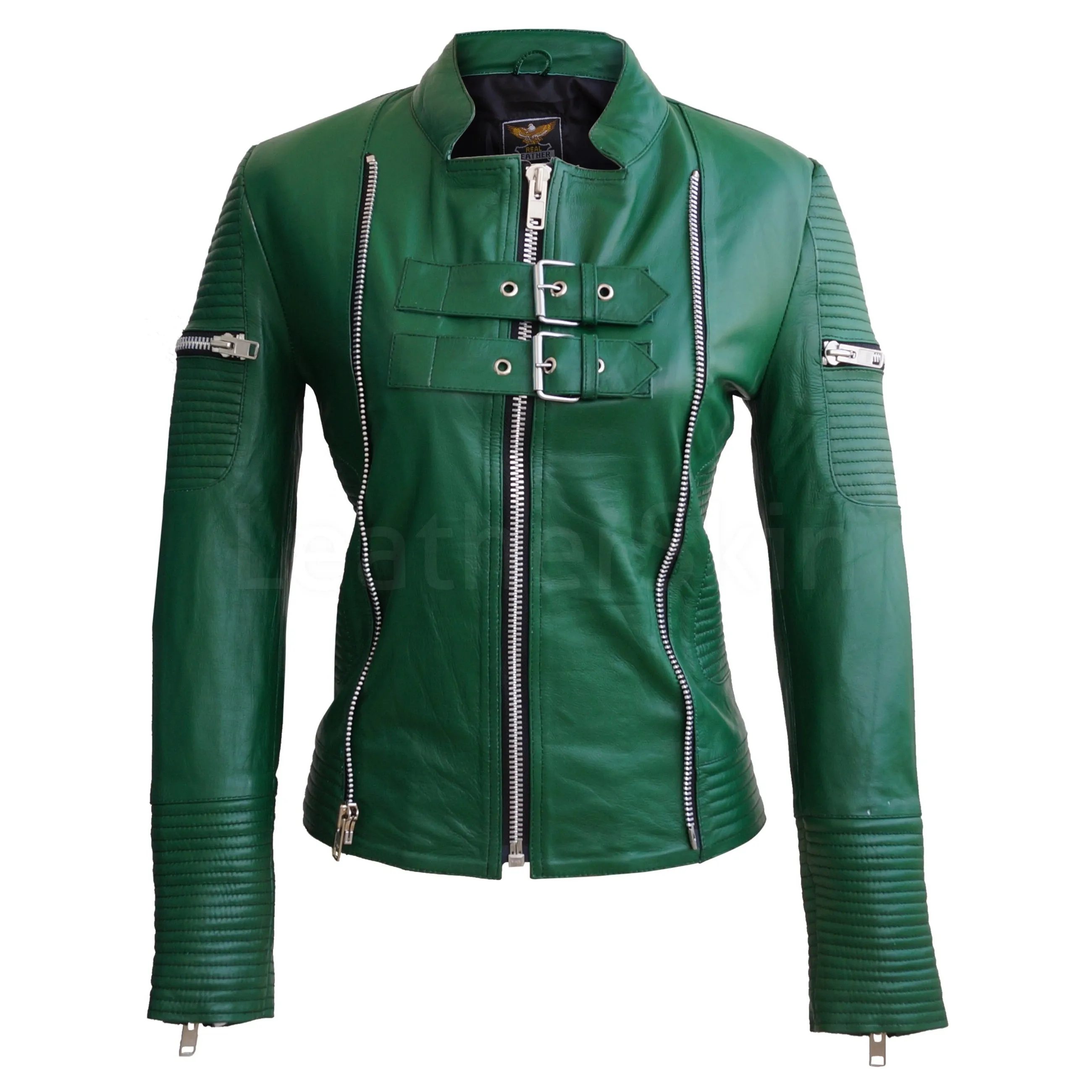 Green Sheep Skin Rib Quilted Genuine Leather Jacket