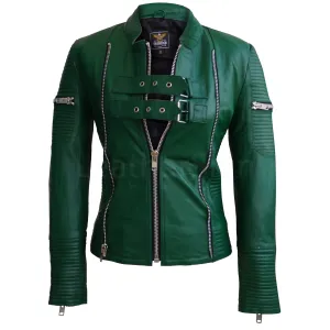 Green Sheep Skin Rib Quilted Genuine Leather Jacket