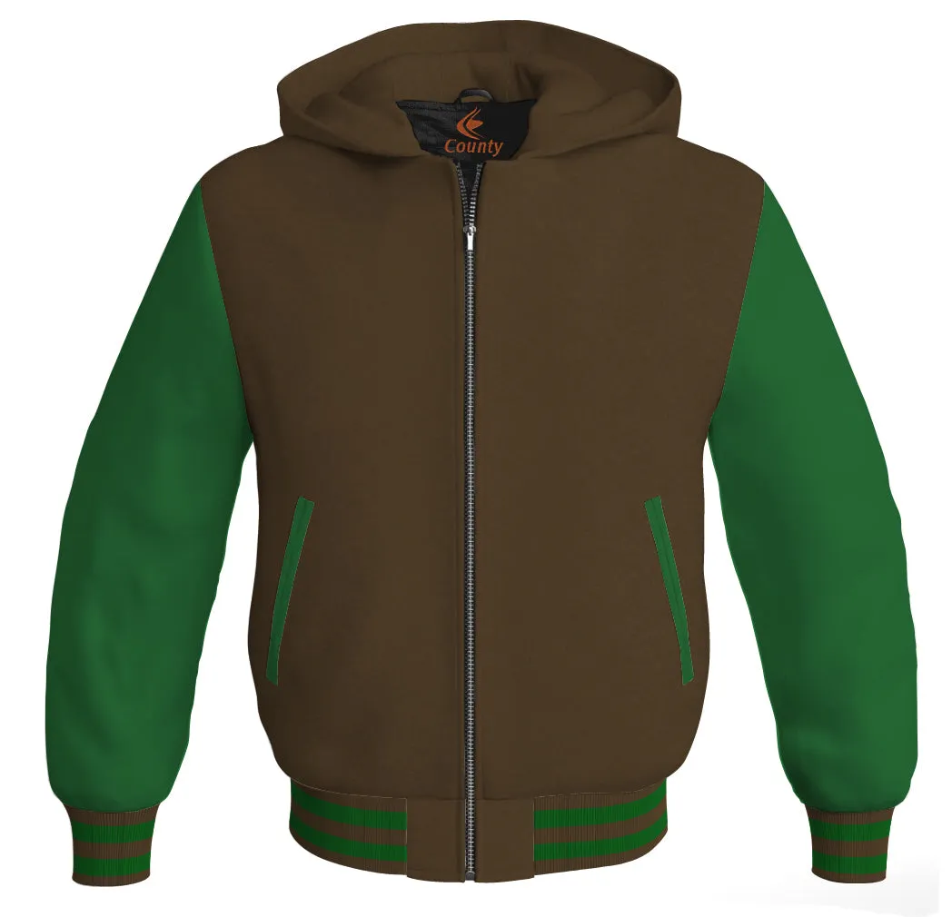 Hooded Bomber Women Brown Body and Green Leather Sleeves Custom Hoodies