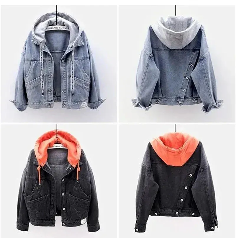 Hooded Turn-down Collar Denim Jacket