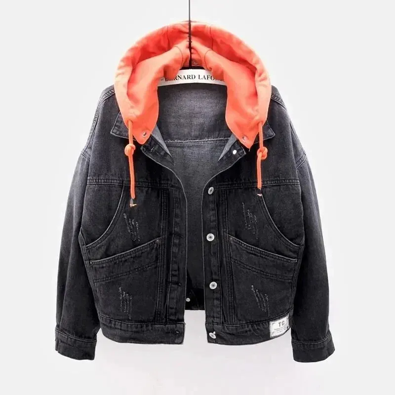 Hooded Turn-down Collar Denim Jacket