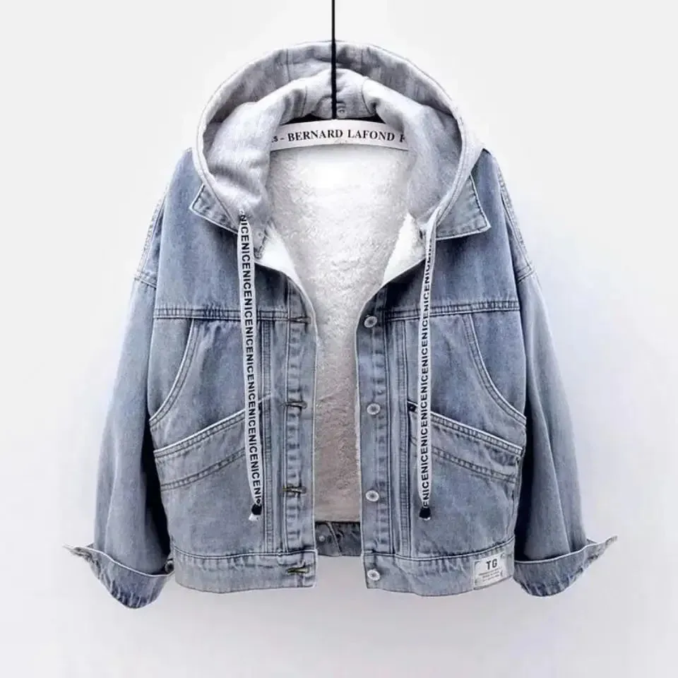 Hooded Turn-down Collar Denim Jacket