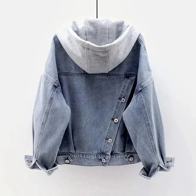 Hooded Turn-down Collar Denim Jacket