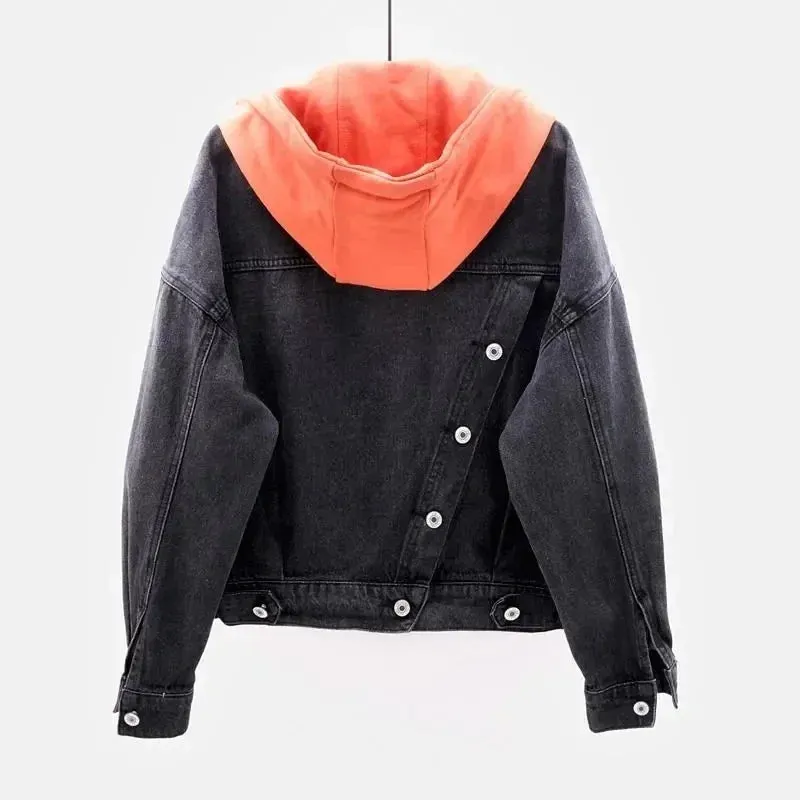 Hooded Turn-down Collar Denim Jacket