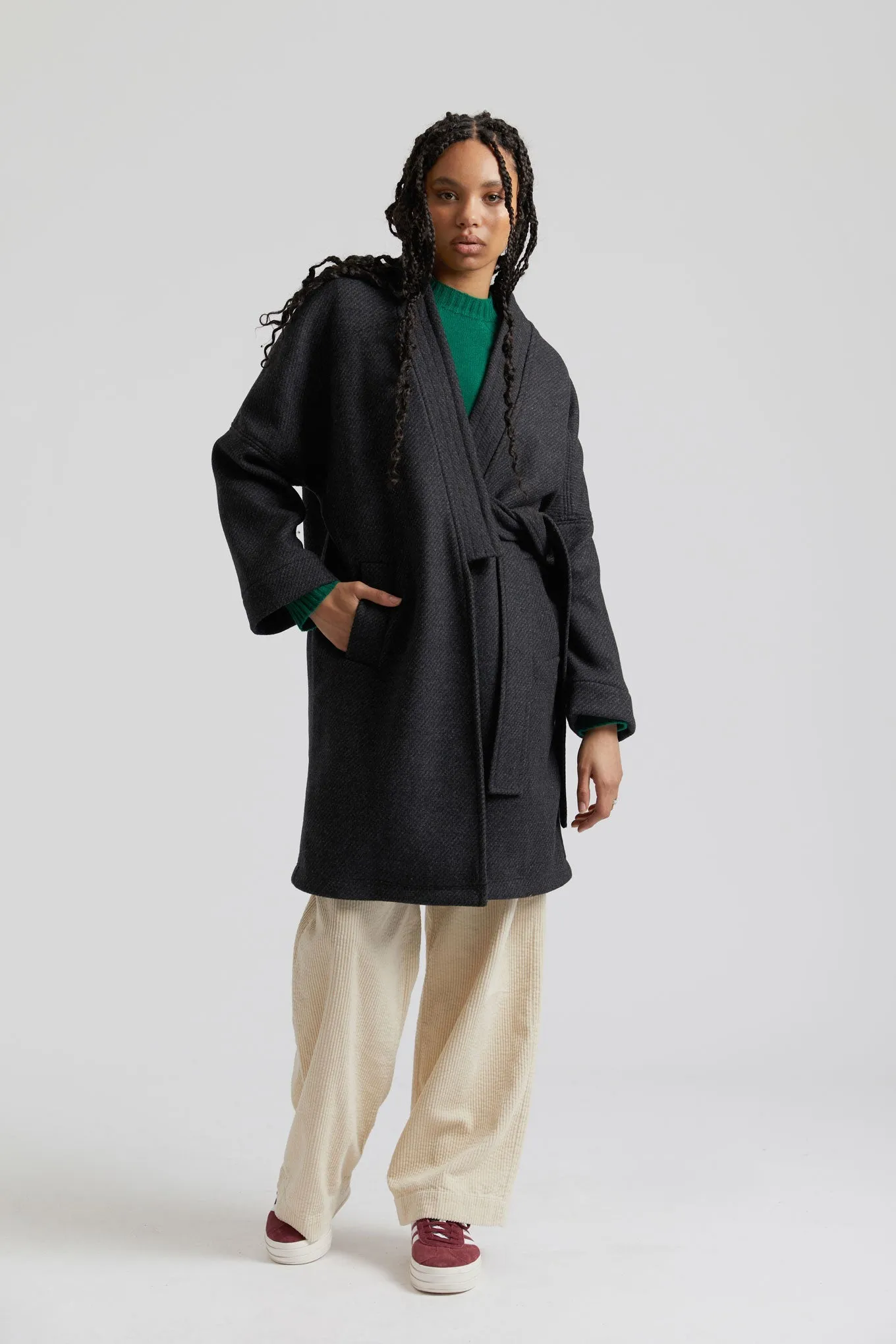 Kaia Wool Blend Twill Coat Charcoal