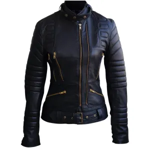 Leather Skin Women Black Brando Padded Genuine Leather Jacket