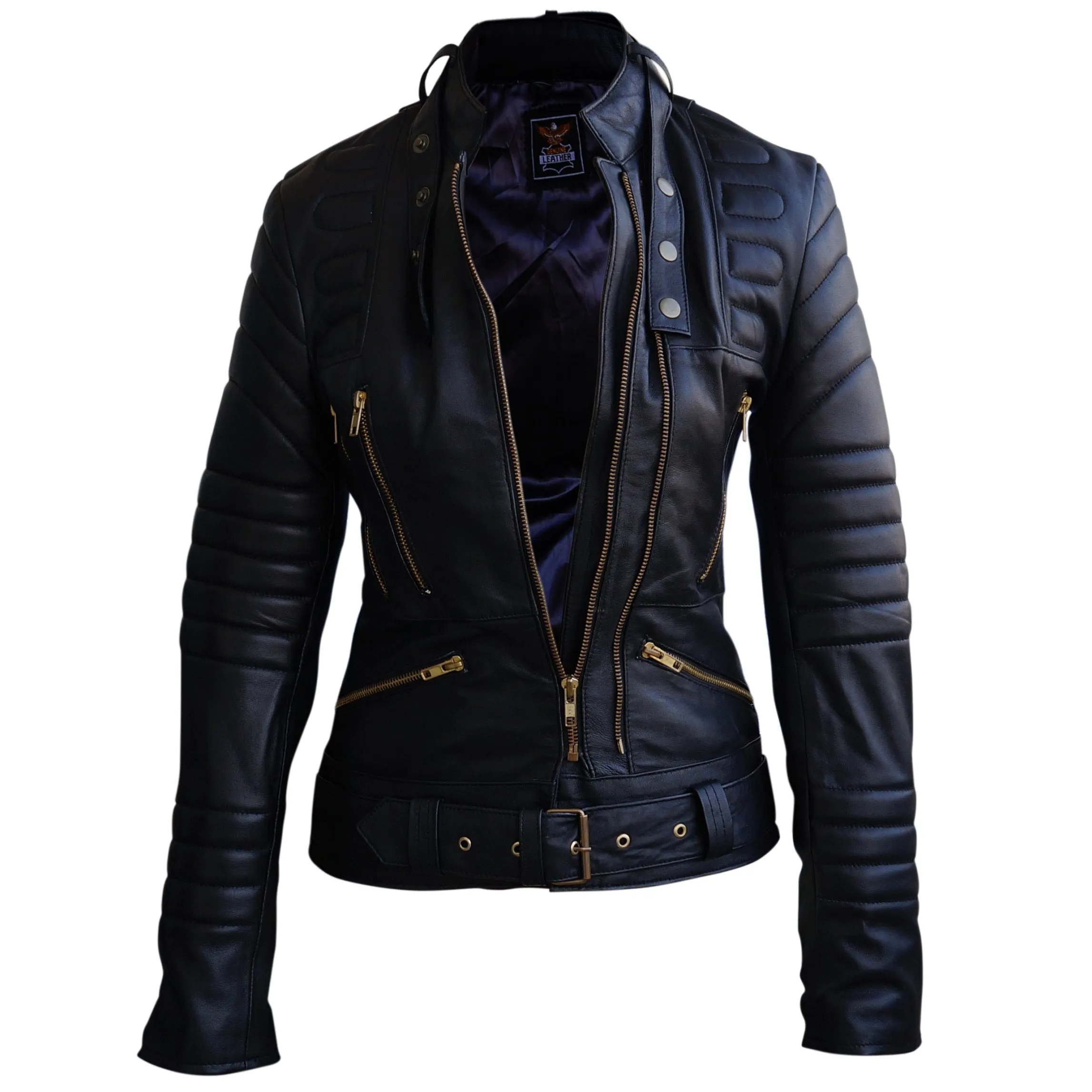 Leather Skin Women Black Brando Padded Genuine Leather Jacket