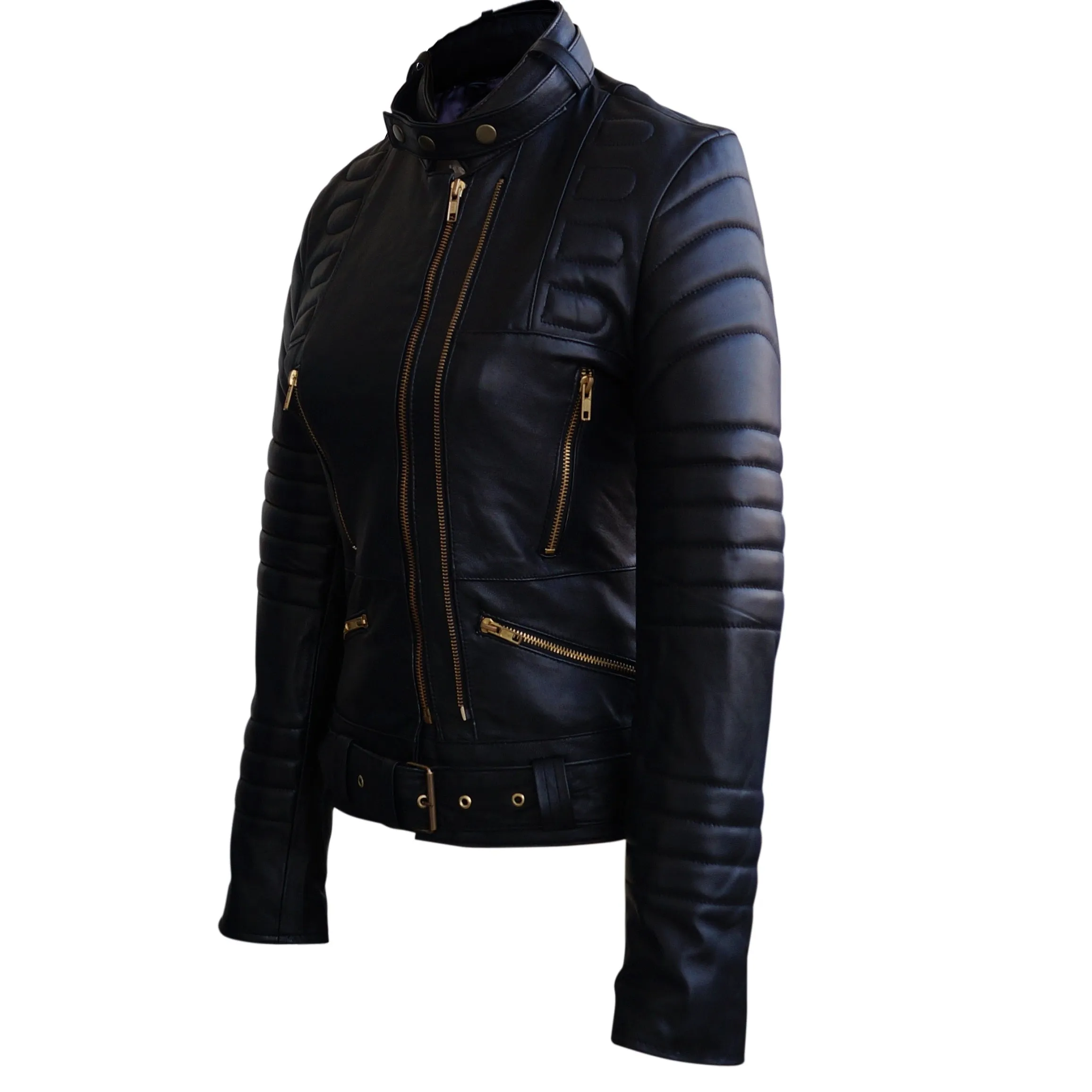 Leather Skin Women Black Brando Padded Genuine Leather Jacket