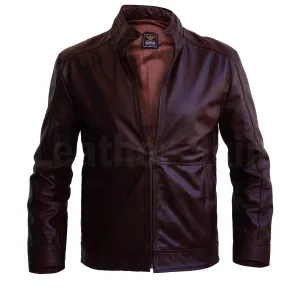 Men Distressed Maroon Red Vintage Genuine Leather Jacket with Front Zipper Closure