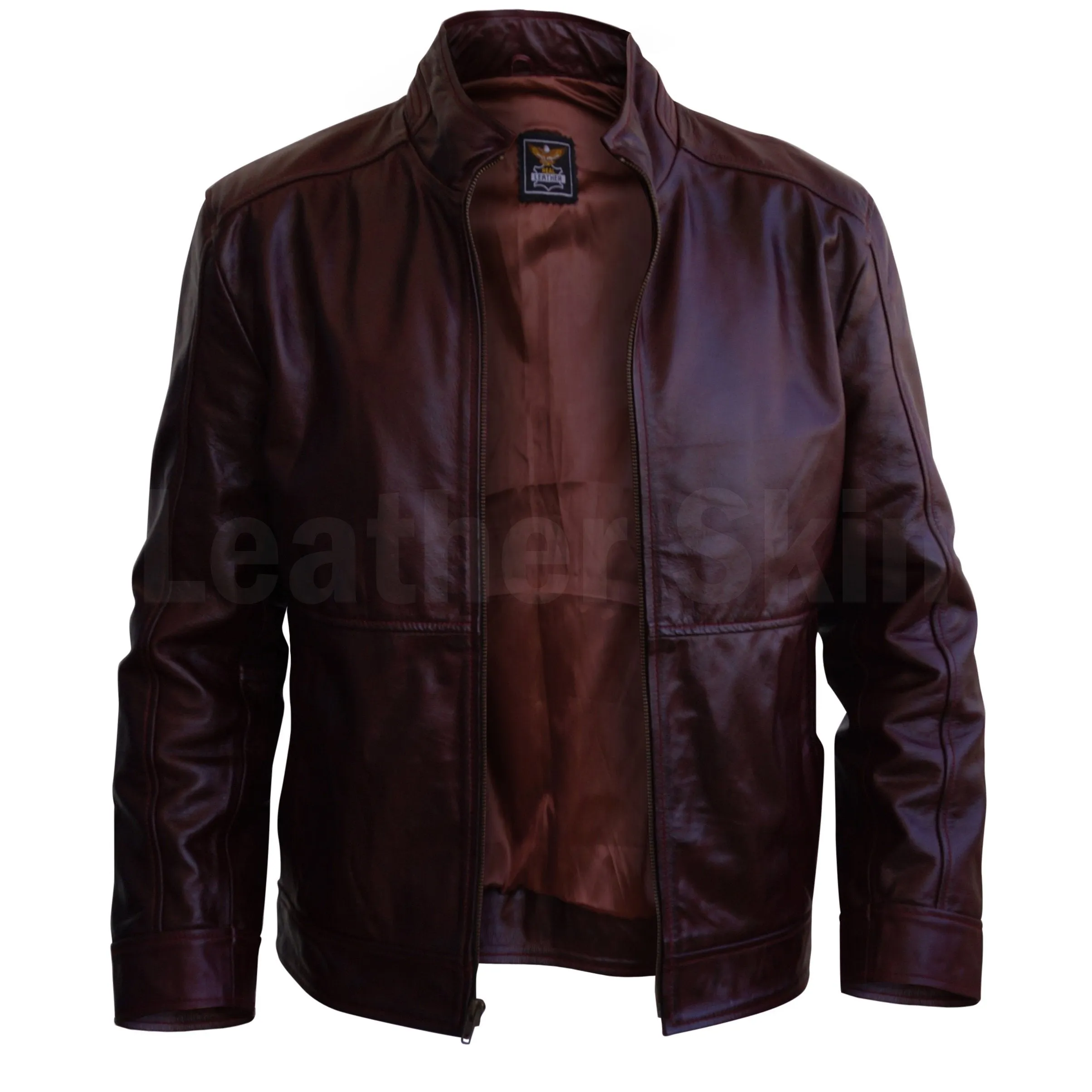 Men Distressed Maroon Red Vintage Genuine Leather Jacket with Front Zipper Closure