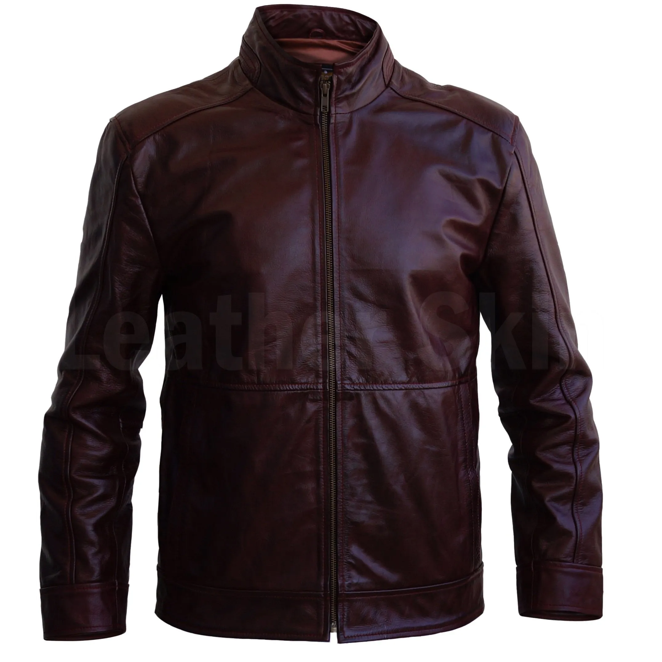 Men Distressed Maroon Red Vintage Genuine Leather Jacket with Front Zipper Closure