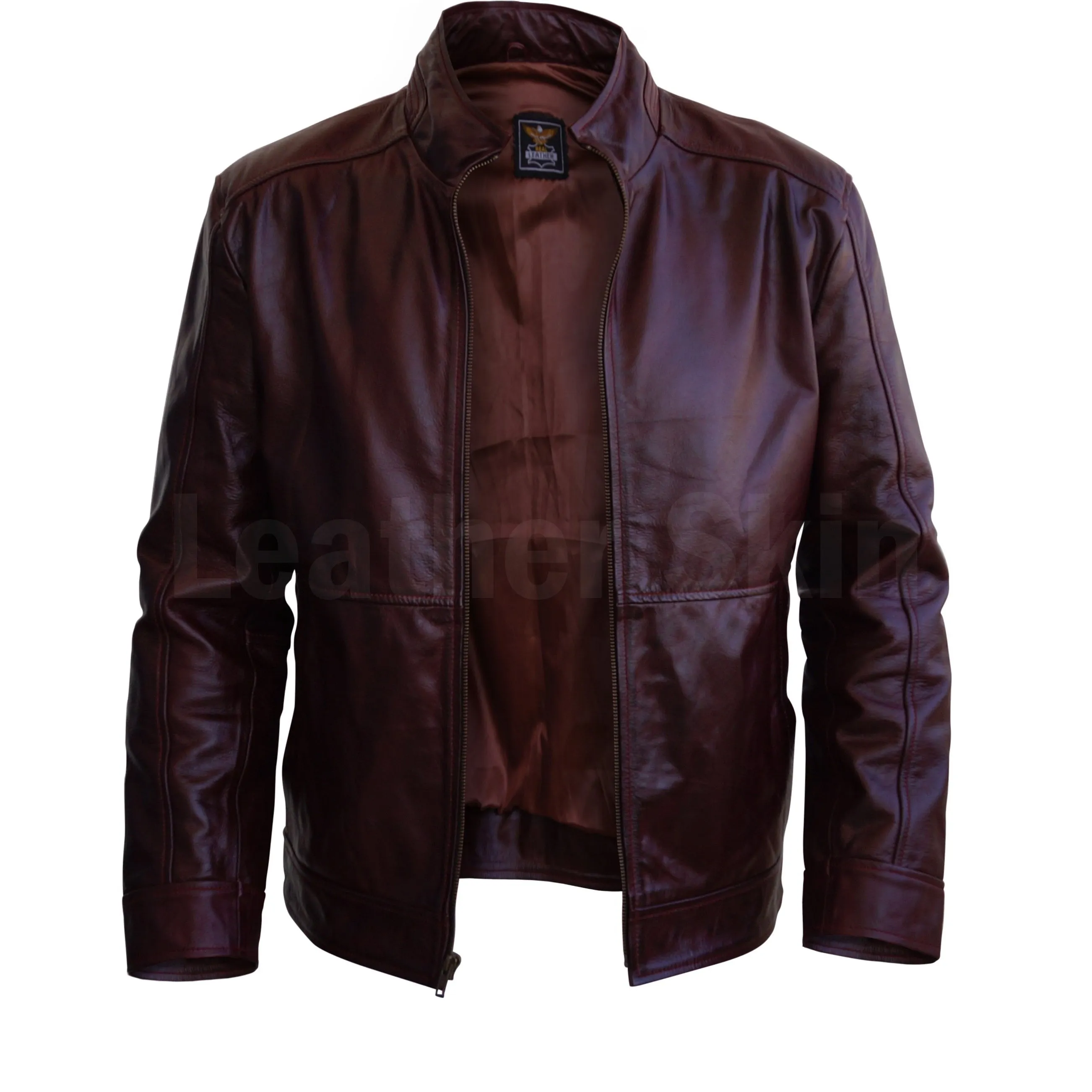 Men Distressed Maroon Red Vintage Genuine Leather Jacket with Front Zipper Closure