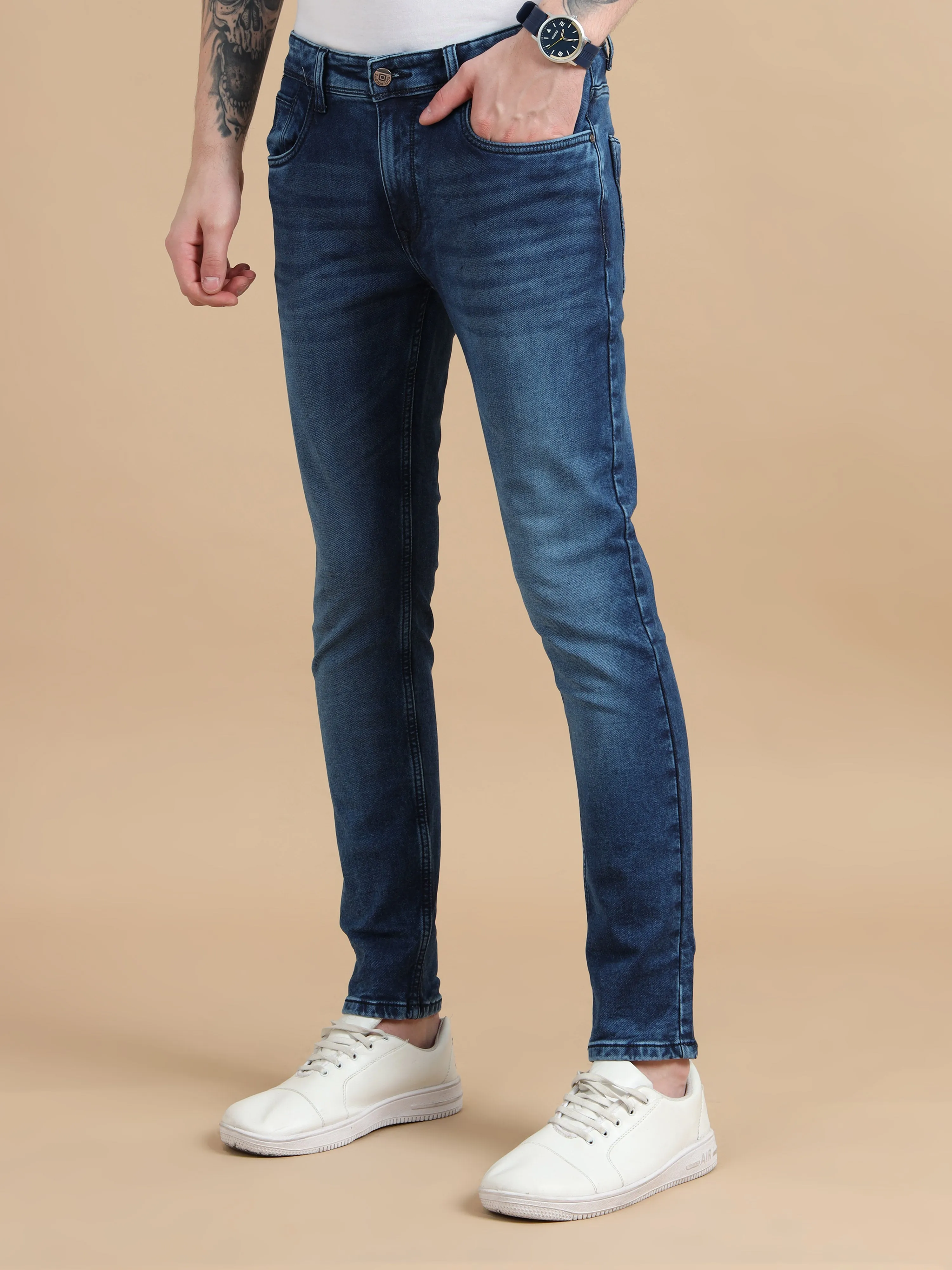 Men Ms Blue Solid Ankle Fit Stretchable Denim Jeans