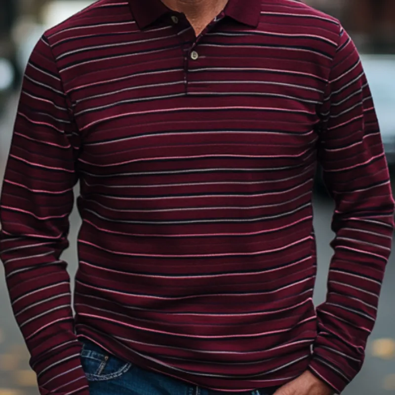 Men's Trendy Burgundy Striped Long-sleeved Polo Shirt 15997859F