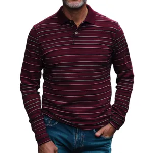 Men's Trendy Burgundy Striped Long-sleeved Polo Shirt 15997859F