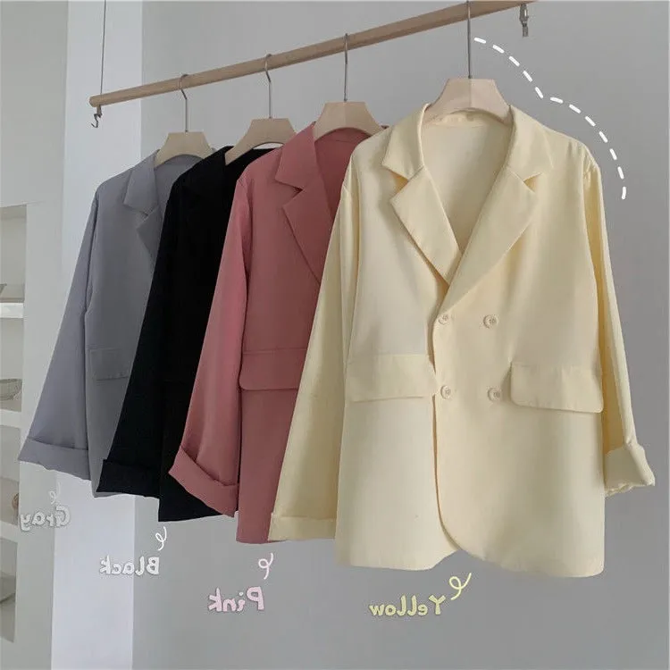 Pink Casual Trendy Blazer Women Drape Summer Thin Elegant Petite CHIC Suit Outerwear