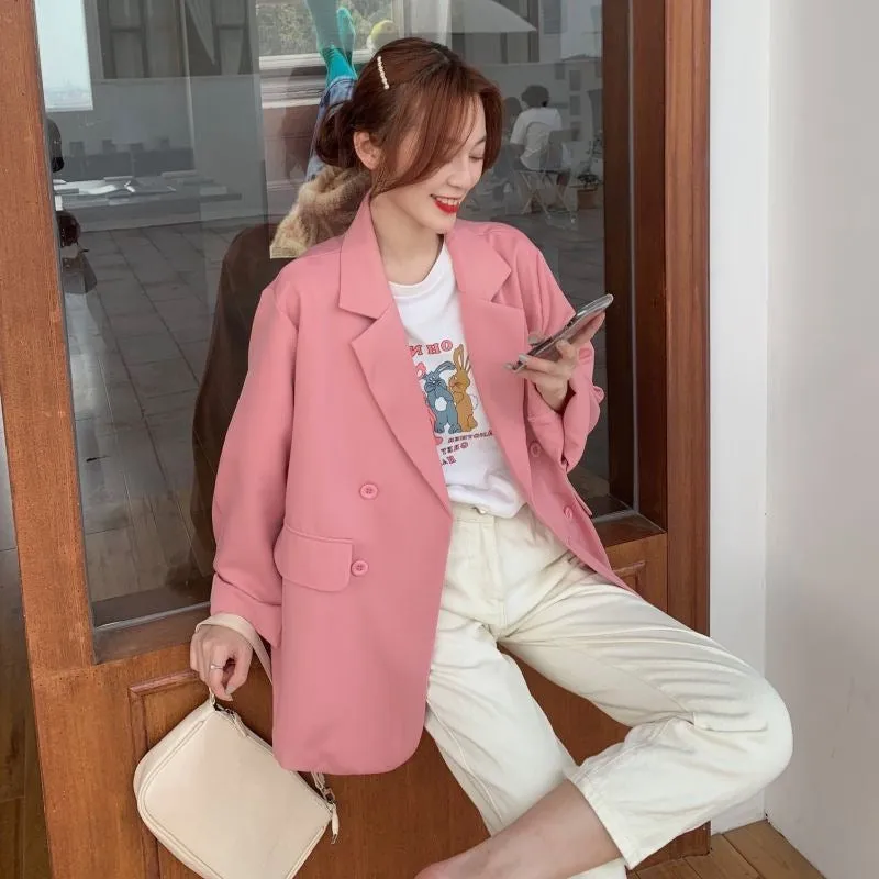 Pink Casual Trendy Blazer Women Drape Summer Thin Elegant Petite CHIC Suit Outerwear