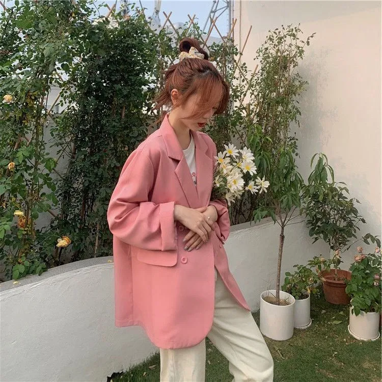 Pink Casual Trendy Blazer Women Drape Summer Thin Elegant Petite CHIC Suit Outerwear