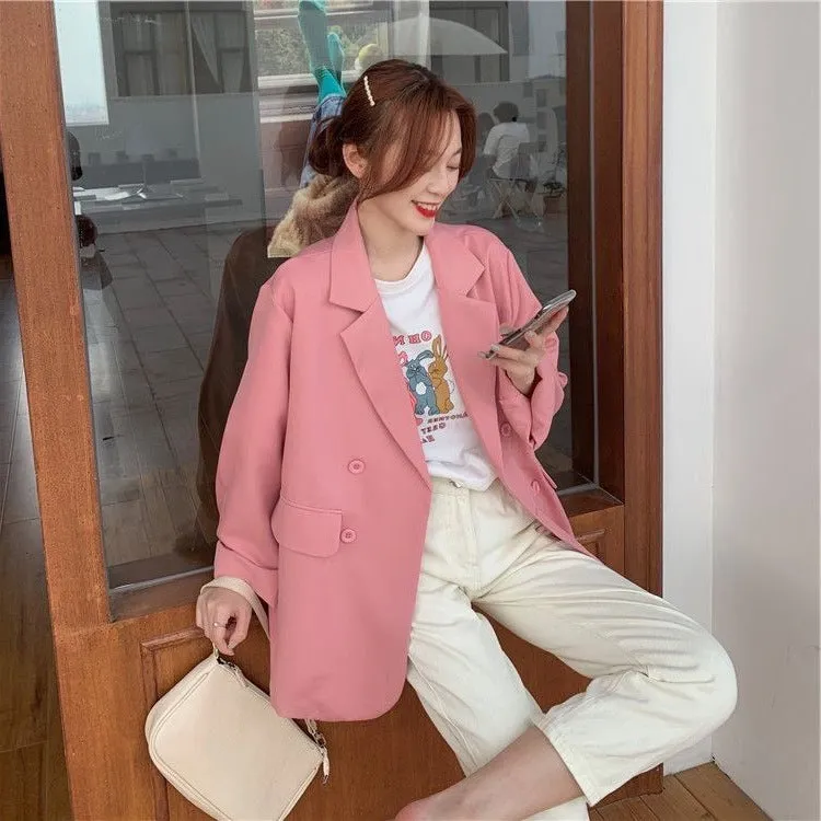 Pink Casual Trendy Blazer Women Drape Summer Thin Elegant Petite CHIC Suit Outerwear