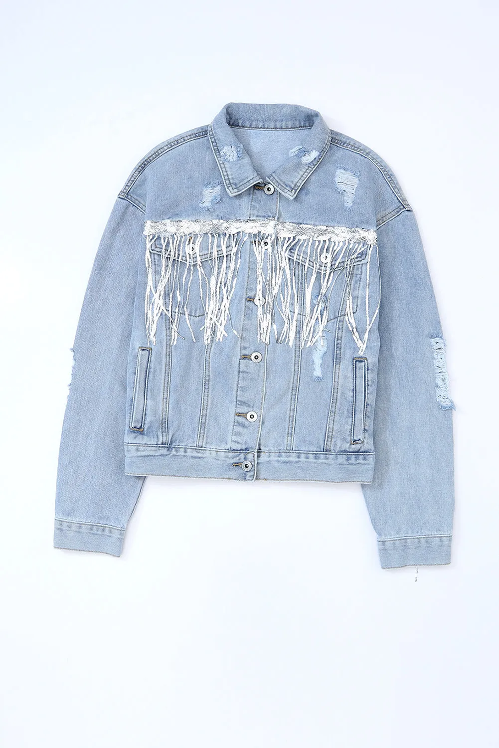 Sky Blue Sequin Embellished Fringe Distressed Denim Jacket