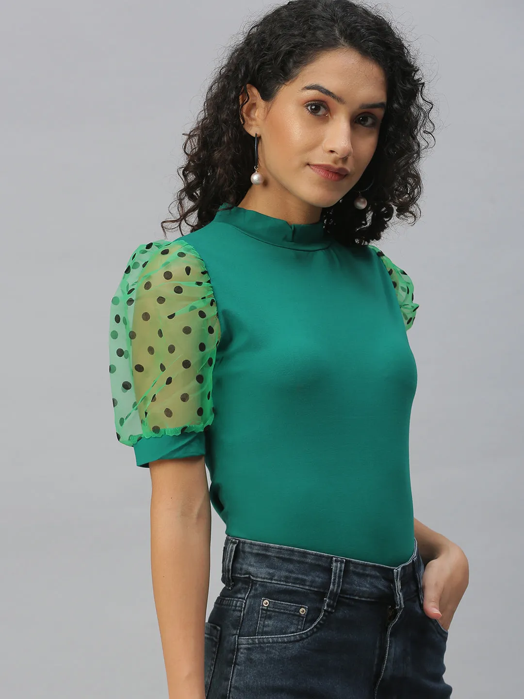 Women Solid Green Fitted Top