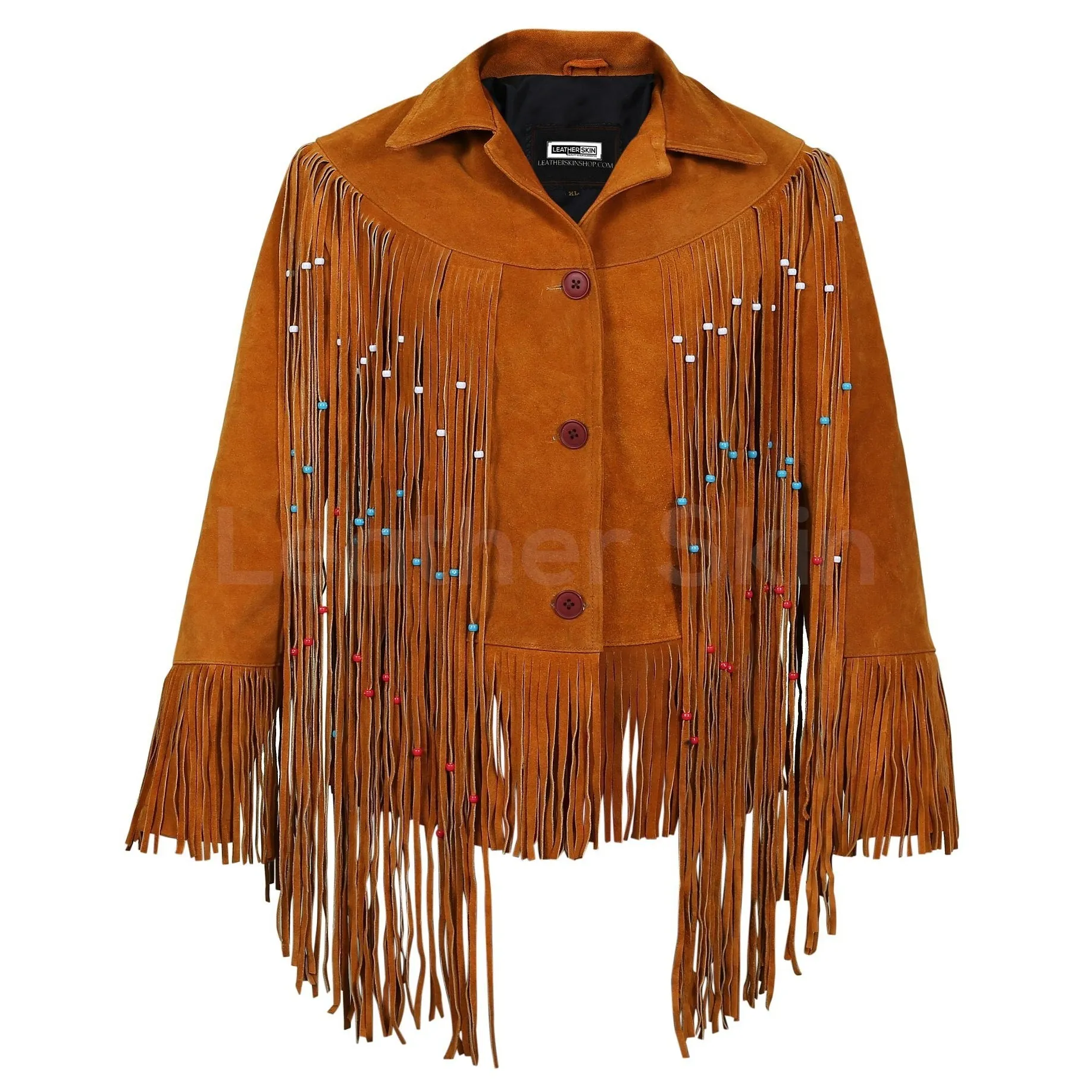 Women Tan Western fringes suede leather jacket with decorative beads