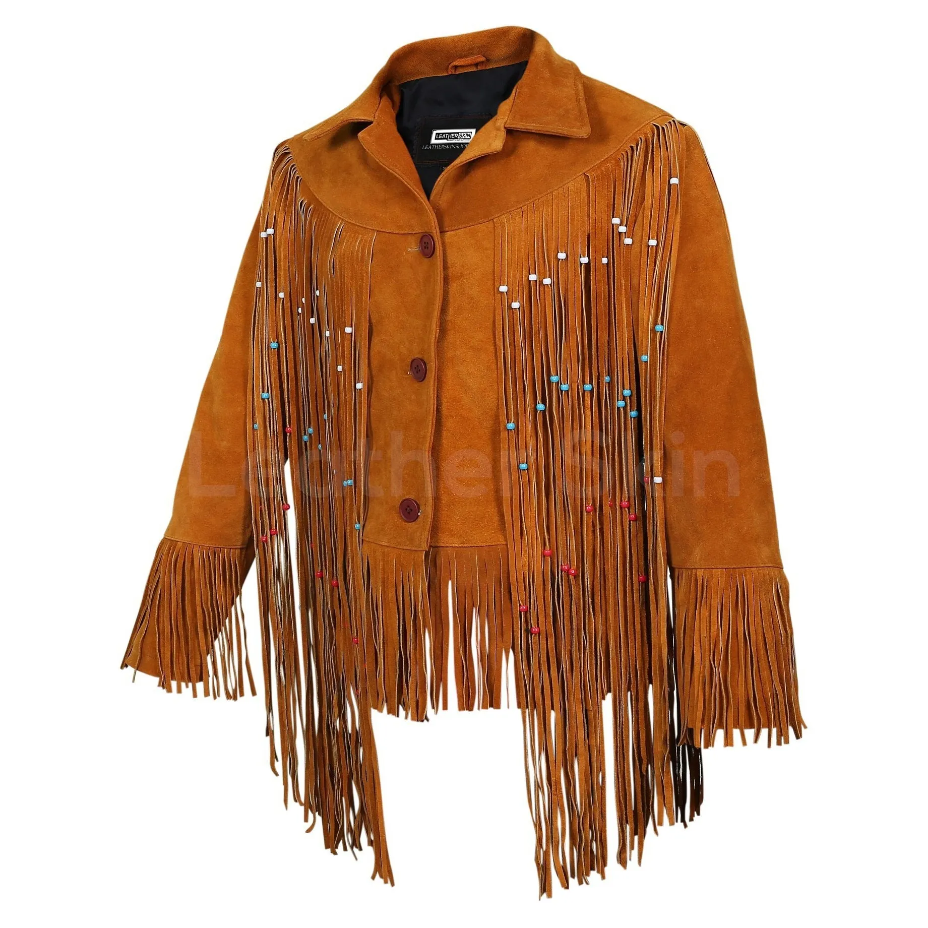 Women Tan Western fringes suede leather jacket with decorative beads