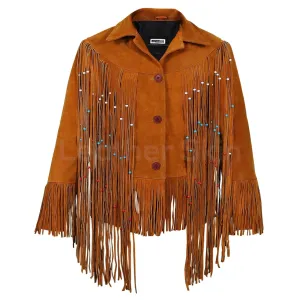 Women Tan Western fringes suede leather jacket with decorative beads